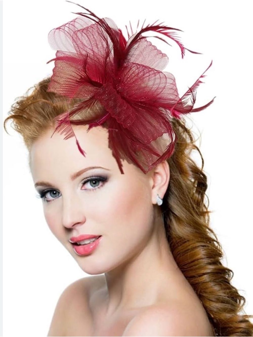 Burgundy Feather Mesh Fascinator Hair Clip